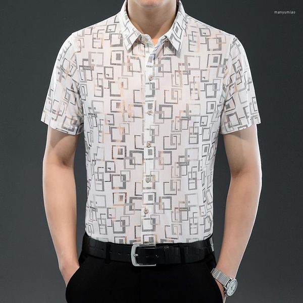Erkekler sıradan gömlekler moda geometrik baskı gömlek erkek yaz işletmesi kısa kollu ince fit tatil günlük beyaz bluz ofis parti