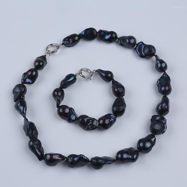 Set di gioielli con perle barocche d'acqua dolce di colore nero naturale con catene da 12-15 mm