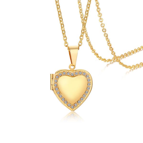 Colar de zircão em forma de coração feminino Pingente de aço inoxidável pode ser aberto jóias de caixa de foto para presentes N1364