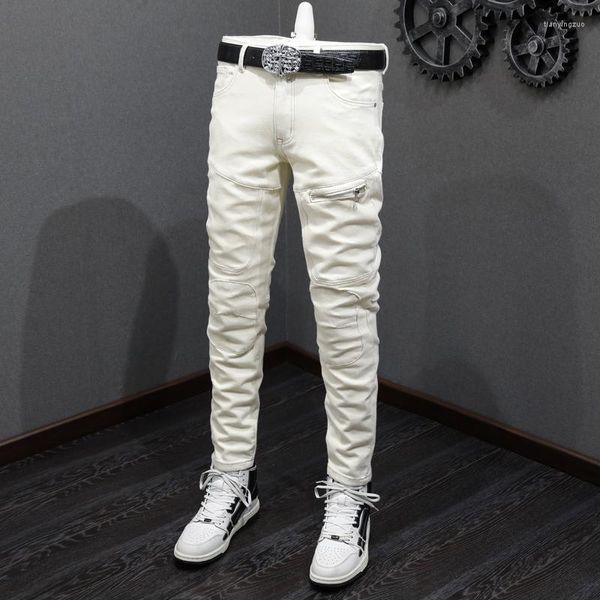 Мужские джинсы Уличная мода Мужские бежево-белые эластичные узкие брюки с заплатками в байкерском стиле с карманами на молнии Дизайнерские брюки в стиле хип-хоп