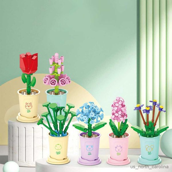 Blocos de buquê de rosas, lindo bloco de flores, suculentas, blocos de construção em vaso, montagem romântica, brinquedo de construção, presente de menina r230911