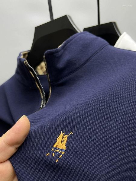 Herren-Poloshirts, High-End-Marke, reine Baumwolle, langärmelig, exquisit besticktes Poloshirt, modisches Freizeit-T-Shirt mit Halbzug-Kettenkragen