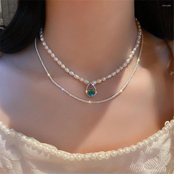 Anhänger Halsketten Südkorea Süßwasser Perle Grün Wasser Tropfen Choker Doppel Halskette Für Frau Temperament Super Fee Schlüsselbein Kette