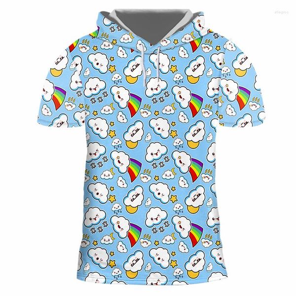 T-shirt da uomo 3D Weath Clouds Pattern stampato T-shirt con cappuccio Autunno Kawaii Streetwear T-shirt a maniche corte da donna allentata all'ingrosso Top all'ingrosso