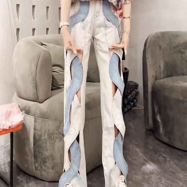 Calças de brim femininas chiques diamantes contraste cor cruz retalhos oco pernas perfuração larga lavada calças jeans miçangas cintura alta