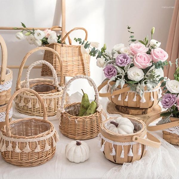 Cestas de armazenamento feitas à mão natural rattan tecido flor mão cesta casa cozinha jardim vegetal recipiente plantador titular