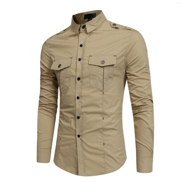 Freizeithemden für Herren, Safari-Hemd, 2 Flip-Taschen, Khaki, kleines Revers mit Epaulet, T-Shirt, langärmelig, Baumwolle, Winter-Hacking-Wear, Schießen