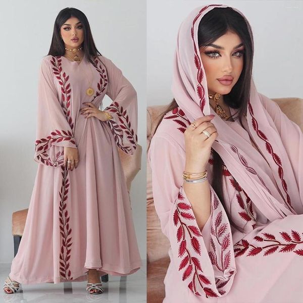 Ethnische Kleidung Lange Kleider Sommer Frauen Abayas Chiffon Gestickte Rote Blumen Luxus Hijab Kaftan V-Ausschnitt Muslim Robe Abend Party Wear