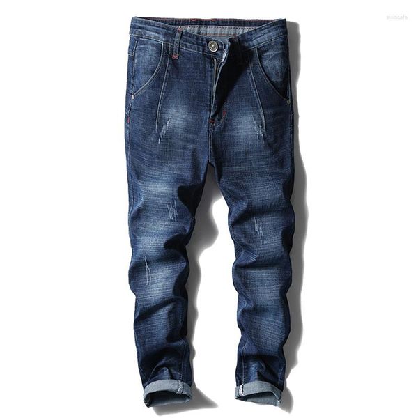 Jeans masculinos juventude calças retas estiramento algodão casual azul denim coreano na moda magro