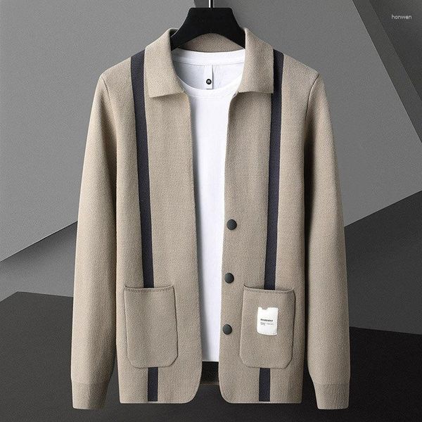 Maglioni da uomo risvolto colore contrasto maglieria linea decorazione cardigan lavorato a maglia uomo manica lunga maglione sottile cappotto da uomo