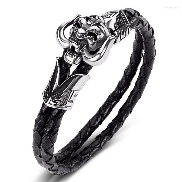 Charm Armbänder Trendy Doppelschicht Echtes Leder Armband Armreif Männer Edelstahl Teufel Schädel Männliche Armbänder Hand Schmuck Geschenk P518