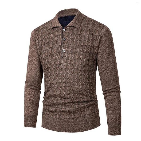 Suéter masculino outono vintage harajuku tricotado suéter de lã top cor sólida estampa pulôver botão polo camisa casual túnica de gola virada para baixo