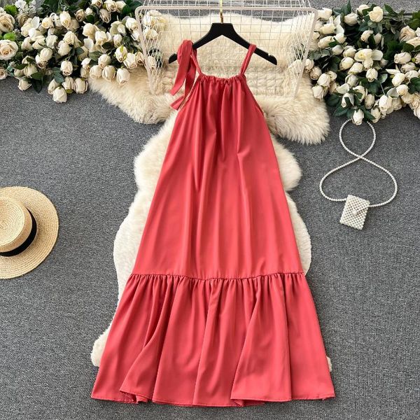 Vestidos Casuais Clothland Mulheres Moda Laranja Strap Dress Bow Tie Square Collar Sem Mangas Backless Beach Wear Midi Mujer QC570