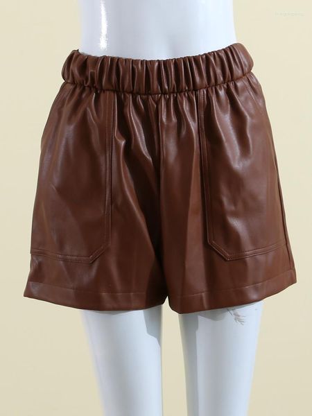 Frauen Shorts Frauen Elastische Taille Einfarbig Taschen Hohe Taille PU Kurze Hosen Mode Freizeit Herbst Kleidung Sexy Mädchen