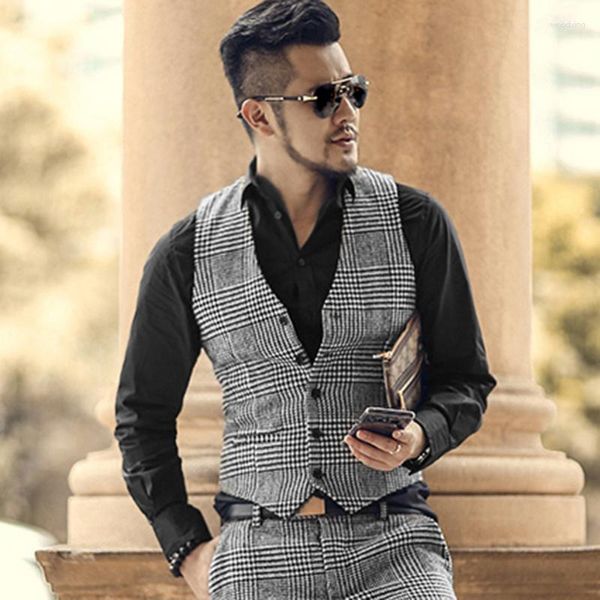 Coletes masculinos homens terno colete slim fit v pescoço houndstooth marrom cinza single-breasted colete casual formal casamento de negócios