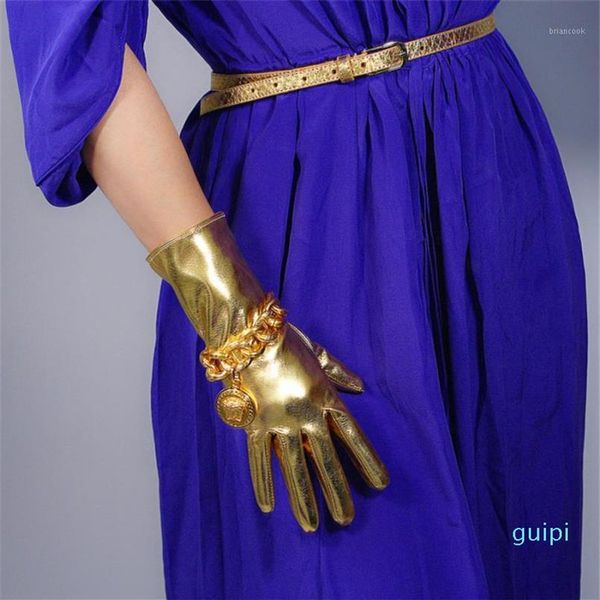 Fünf-Finger-Handschuhe, Lackleder, 28 cm, mittellang, superhell, spiegelnd, goldfarben, elastisch, PU-Simulation, QPJS281258y