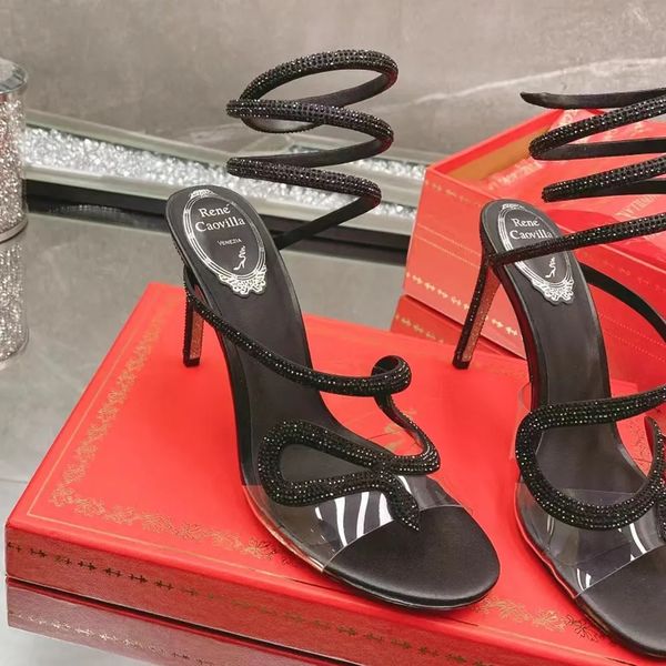 Rene Caovilla сандалии со змеей и лампой, кожаные слипоны на шпильке, блочный каблук, роскошные дизайнерские туфли на шпильке с запахом по щиколотку, женская заводская обувь 35-43 с коробкой