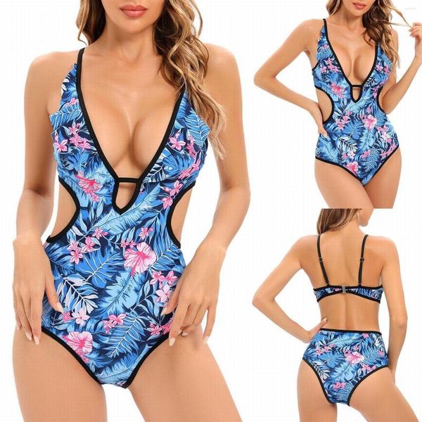 Costume da bagno da donna Costume da bagno sexy con stampa tropicale in pizzo con scollo a V e scollo a V a vita alta