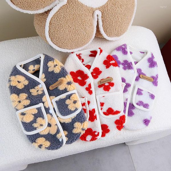 Abbigliamento per cani Cardigan per animali domestici con fiori viola Abbigliamento invernale comodo e caldo Vestiti per cuccioli Giacca in cotone orsacchiotto