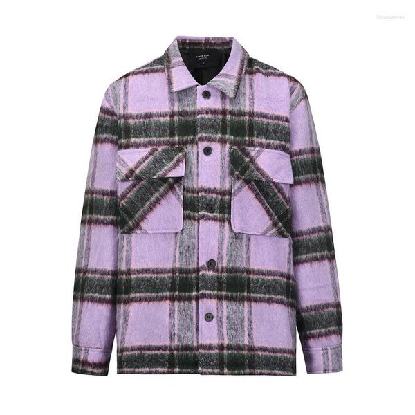 Jaquetas masculinas de alta qualidade moda rua mohair roxo xadrez jaqueta lapela camisa casual casaco unisex