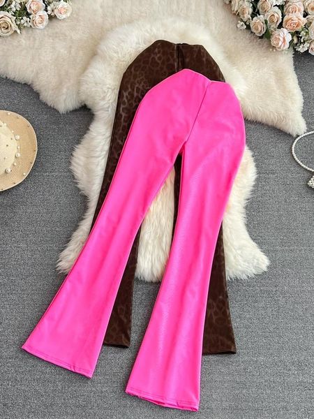 Frauen Hosen 2023 Frühling Sommer Mode Rose Rosa Elastische Für Mädchen Hohe Taille Dünne Leopard Print Flare Casual