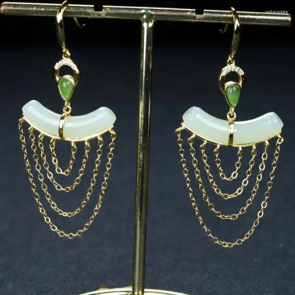 Brincos pendurados natural branco jade ouro borla 925 prata esterlina jóias feminino chinês nephrite hetian jades franja brinco