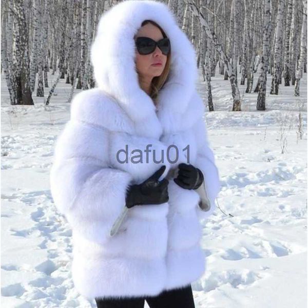 Pelliccia da donna Pelliccia sintetica Pelliccia di alta qualità Volpe argentata Cappotti e giacche in pelliccia sintetica Donna Cappotto soffice con cappuccio Giacca di pelliccia invernale calda e spessa Manteau Femme x0907