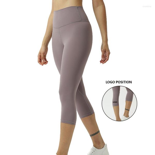 Pantaloni attivi da donna, morbidi leggings Capri, a vita alta, per il controllo della pancia, non trasparenti, per allenamento, corsa, yoga, con logo