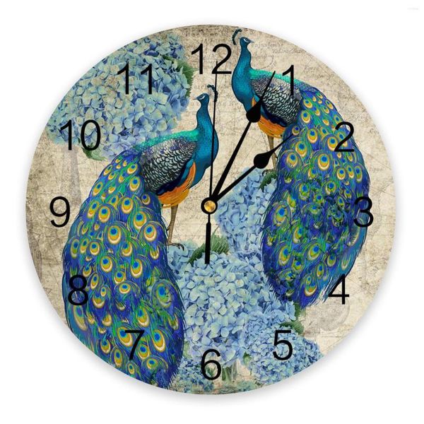 Настенные часы Павлин Гортензия Ретро АкварельНастенные часы Домашний декор Спальня Бесшумный цифровой современный дизайн