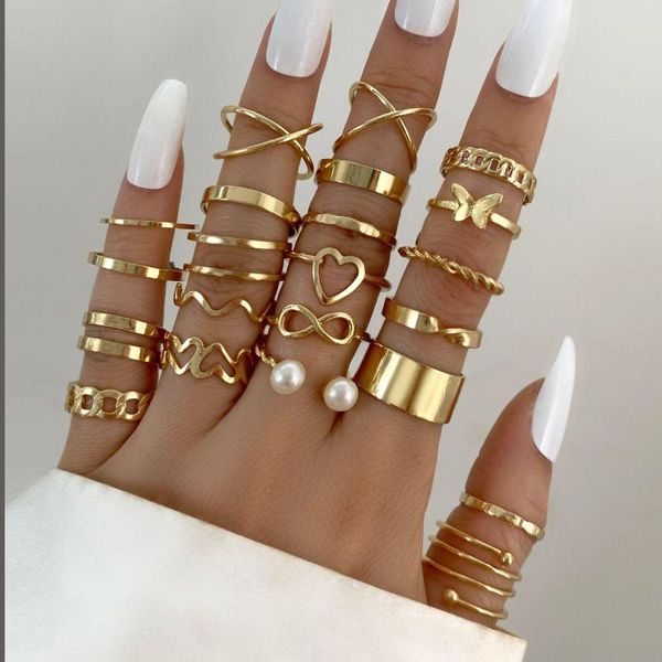 Cluster Ringe Vintage Hohl Herz Schmetterling Set Für Frauen Metall Gold Farbe Mehrere Geometrische Perle Ring 2023 Trendy Schmuck