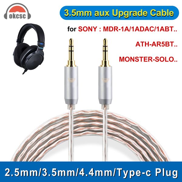 OKCSC AUX-Audiokabel für SONY MDR-1A/ATH/MONSTER HD50 AUX 2,5 mm/3,5 mm/4,4 mm/Typ-C 4-adriges, verbessertes versilbertes Ohrstöpselkabel