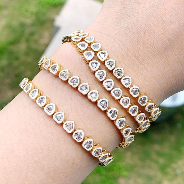 Charme pulseiras vendendo banhado a ouro micro pave claro cz branco esmalte moldura coração em forma de tênis pulseira de corrente para mulheres moda