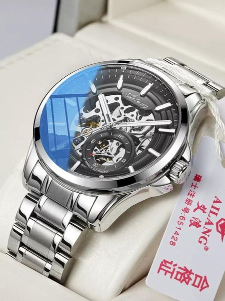 Relógios de pulso AILANG Moda Homens Relógio Mecânico Automático Aço Inoxidável Negócios de Luxo Transparente Esqueleto Relógio de Pulso Relogio Masculino