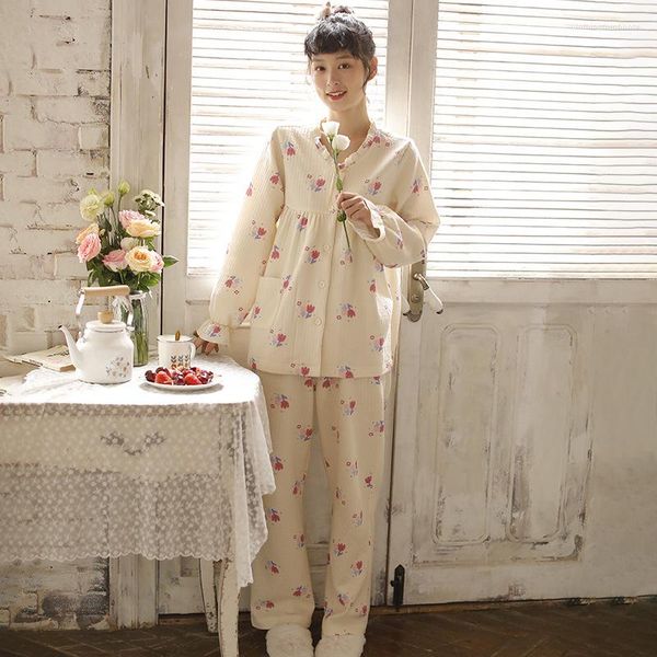 Damen-Nachtwäsche 2023 Herbst- und Winter-Luftschicht-Langarm-Hosen-Set, japanische Heimkleidung