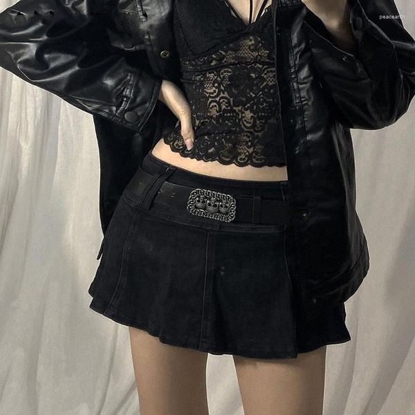 Etekler 2000'ler Düşük Bel Siyah Mikro Y2K Street Giyim Cepleri Patchwork a-line etek estetik kıyafetleri fermuar