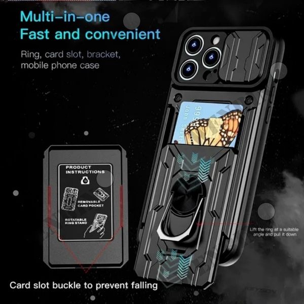 Capa de telefone celular para iphone 15 14 13 pro max xr x 8 7 plus se slide suporte anel 360 câmera magnética slot para cartão de grau militar capa