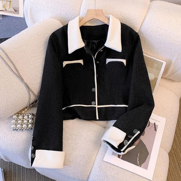 Женские куртки черные маленькие ароматные пальто женские осень 2023 г. и белые лоскутные лацканы с длинными рукавами красивый дизайн французские топы
