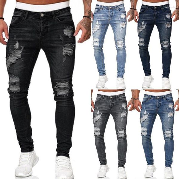 Kırık delikli erkek kot pantolon ince uyum denim moda yok edilmiş hip hop tarzı erkek pantolon giyim adam gündelik