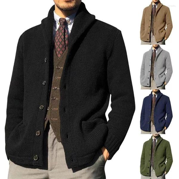 Suéter masculino masculino cardigan suéter xale colar cabo botão de malha casual solto lã manga comprida chenille casacos com bolsos