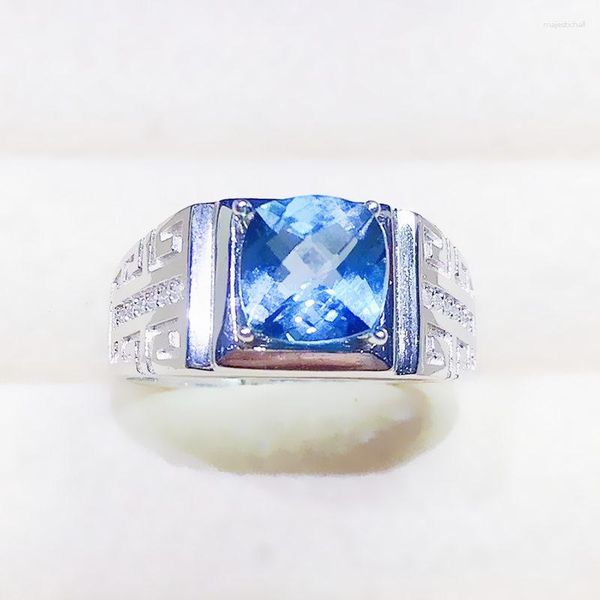 Кольца кластера мужские кольца для ювелирных изделий натуральный настоящий синий топаз квадратный стерлинговое серебро 925 пробы 8 8 мм 3,4 карата драгоценный камень Fine X23296