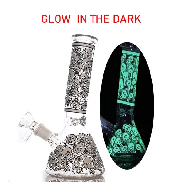 1 pcs Glow In The Dark Glass Beaker Bong 14mm Feminino Recycler Ash Catcher Bong Skull Shape Dab Rig Bongs com Downstem Tobacco Colher Tubos