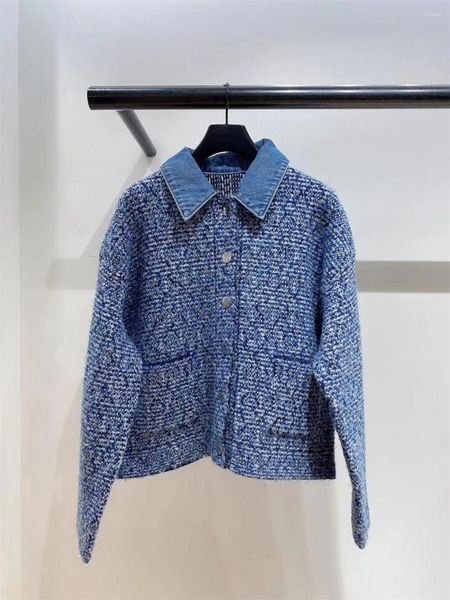 Giacche da donna Prezzo di liquidazione Giacca da donna in tweed di jeans patchwork in maglia 2023 Cappotto monopetto a maniche lunghe con colletto rovesciato da donna autunno