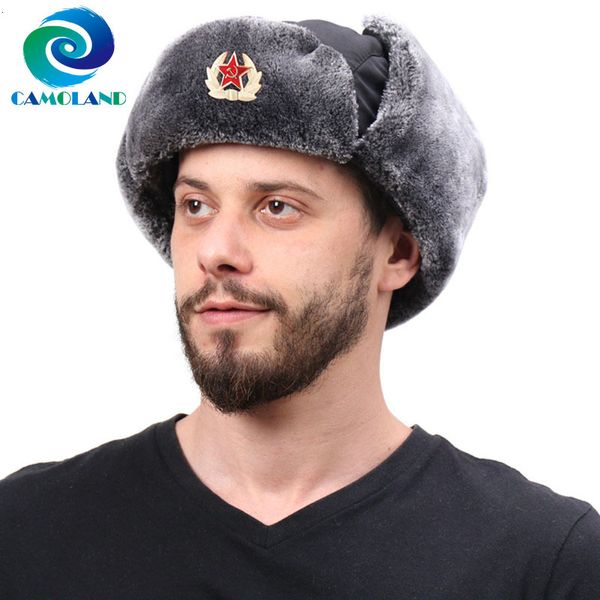 BeanieSkull Caps CAMOLAND Wasserdichte Bomberhüte Damen Herren Sowjetisches Abzeichen Russland Uschanka Hut Thermo Kunstfell Ohrenklappe Schnee Pilot Trapper 230907