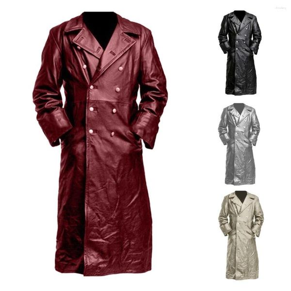 Мужские плащи 2023, осенняя уникальная куртка из искусственной кожи с лацканами, мужская повседневная свободная длинная ветровка для пальто M-5XL