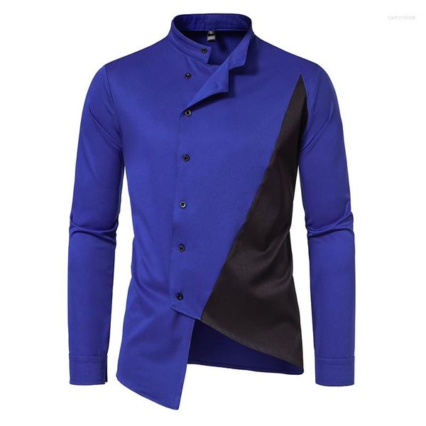 Camisas de vestido masculinas Mens Royal Blue Stand Collar Tendência Splicing Camisa Assimétrica Festa Banquete Regular Fit Manga Longa Social