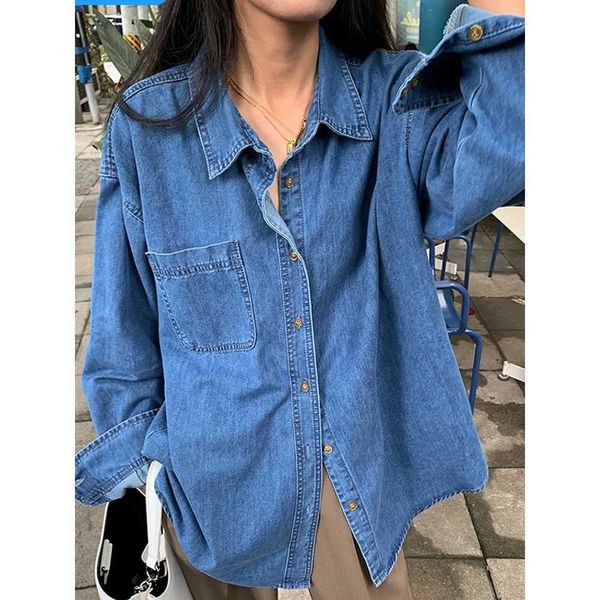 Deeptown moda coreana básica denim camisas femininas vintage oversize manga longa jean blusa feminina outono topos botão acima casual