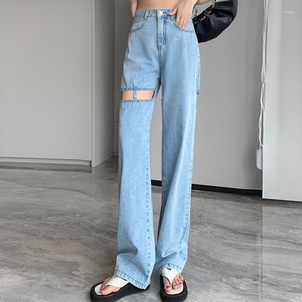 Frauen Jeans Mode Ripped Frauen Hohe Taille Gerade Denim Mom Hosen Baggy Gewaschen Blau Casual Weibliche Breite Lae