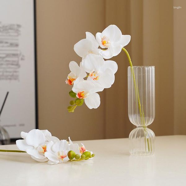 Flores decorativas 6 pc 5 cabeça látex borboleta orquídea úmida toque real artificial phalaenopsis decoração de casa festa casamento arranjo de flores