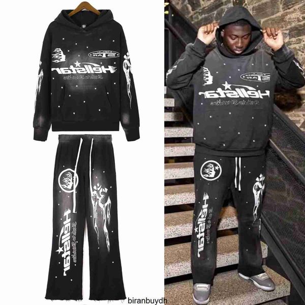 Hellstar High Street Tide Washed Old Mud Print Guard Pants Hoodie Sweater Set