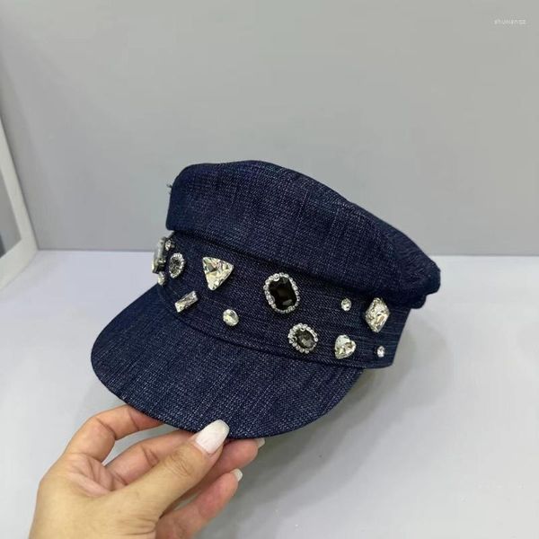 Berets Francês Primavera e Verão Shade Cap Japonês Pesado Diamante Marinha Chapéu Spaper Boy Fashion Flat